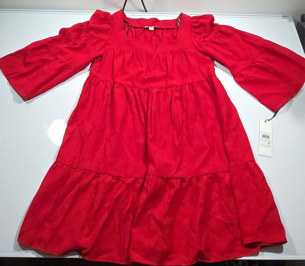 Calvin Klein Tiered Dress Size 6 Red Square Neck Puff Sleeve - NWT
